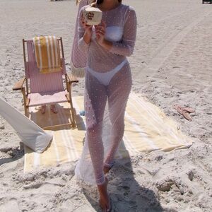 SHEIN White Sheer Pearl-Embellished Swim Coverup